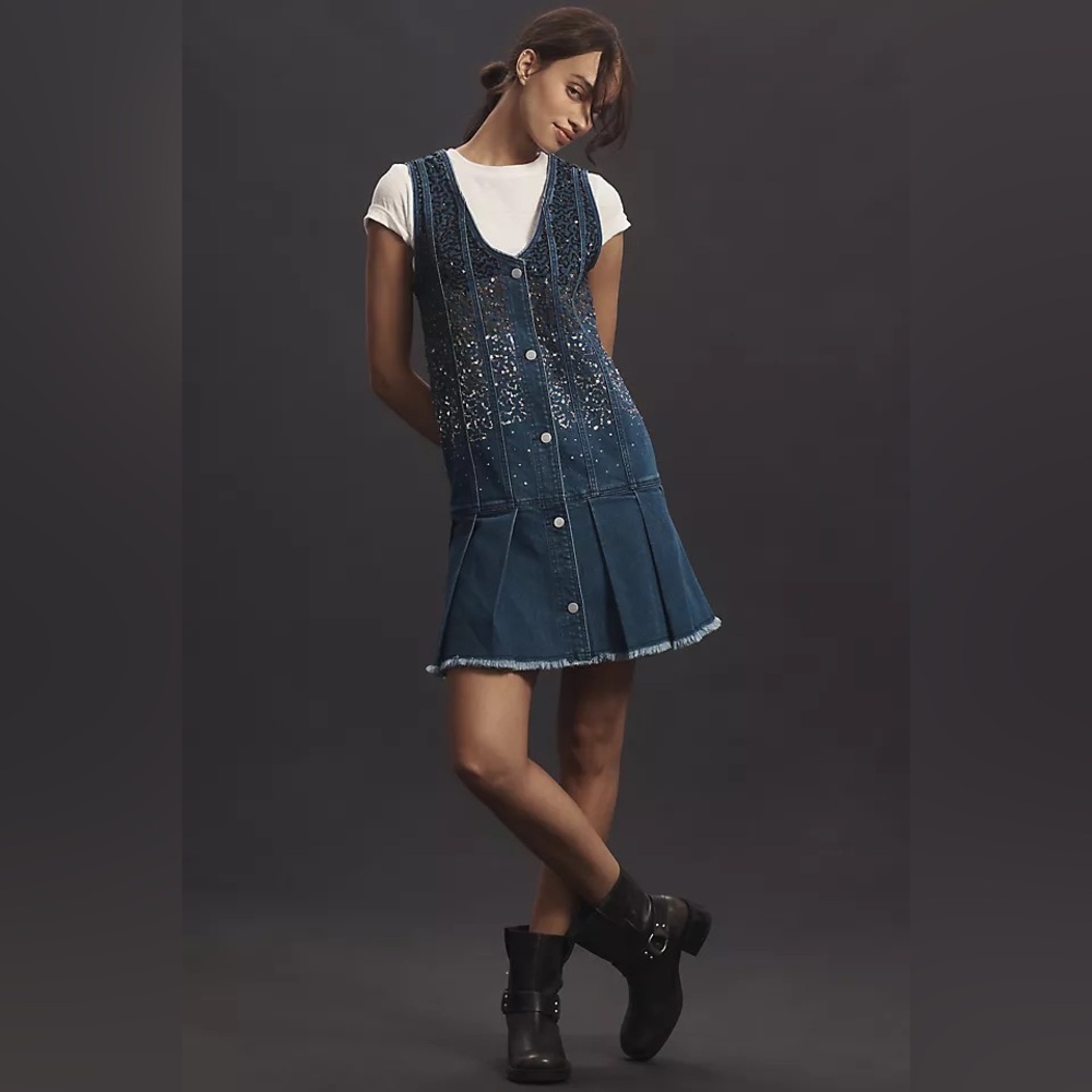 Anthropologie Pilcro Sparkle Denim Button-Front Mini Dress Sz M $190